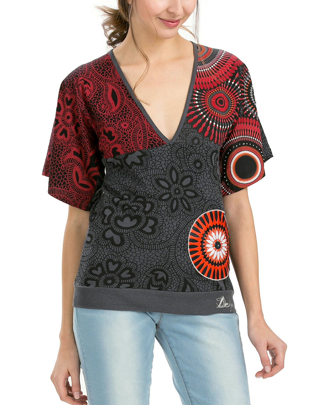 desigual女款深灰/红色曼陀罗图腾印花v领上衣