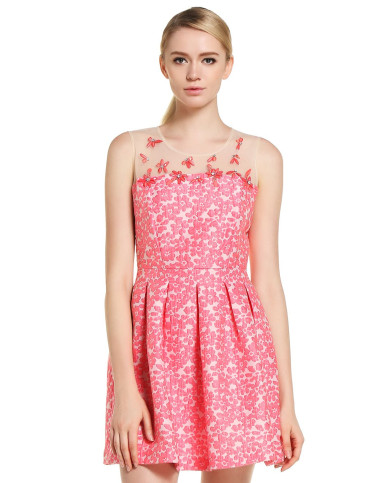 玫红/浅粉色气质可人无袖连衣裙