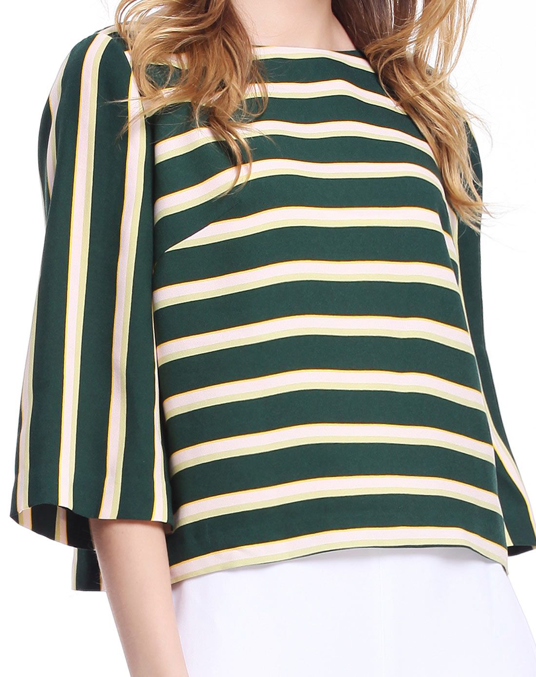 绿/米白色时尚条纹六分袖上衣