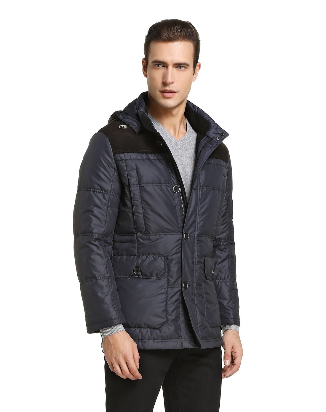 路卡迪龙luka dilong男装专场 深蓝/黑色拼接连帽长袖羽绒服