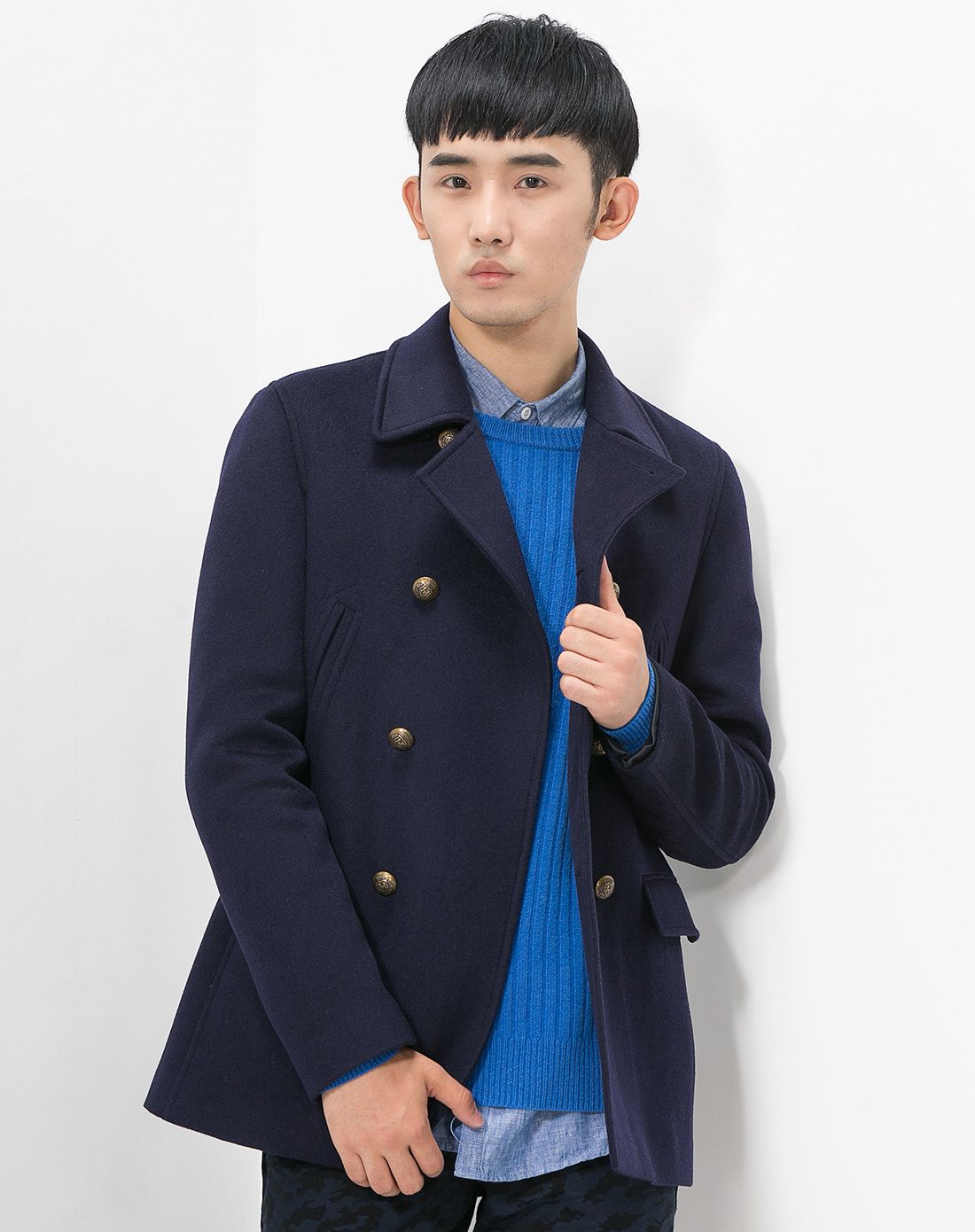 男普鲁士蓝山羊绒短款休闲大衣