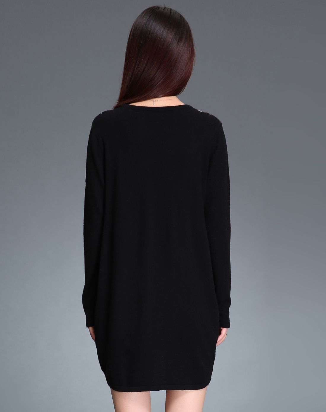 女款灰黑/米色宽松印花长袖中长款羊毛衫