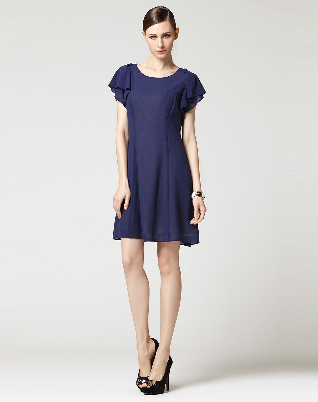 普兰色优雅舒适a字摆收腰荷叶袖连衣裙