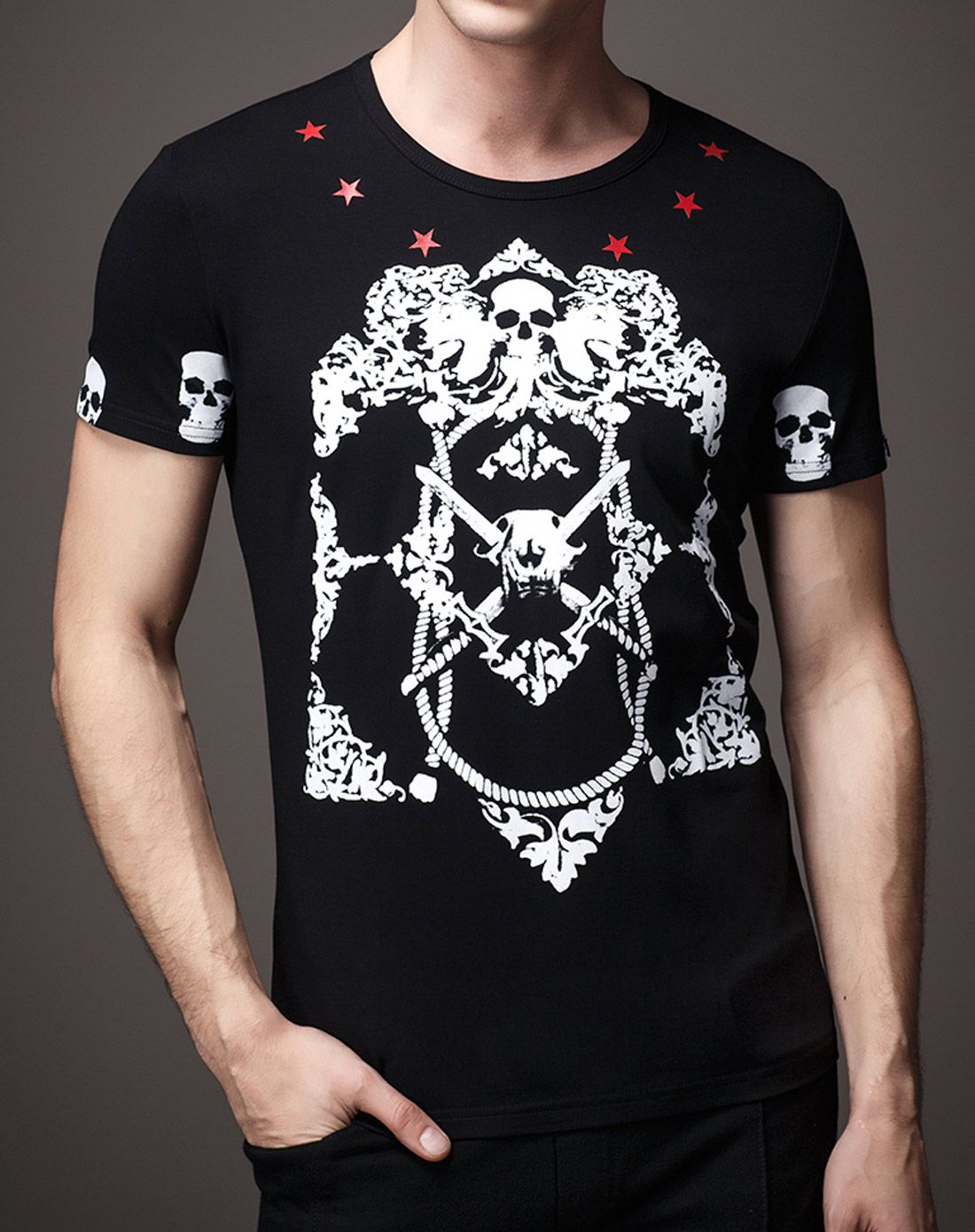 男士黑色时尚潮流骷髅头印花短袖t恤