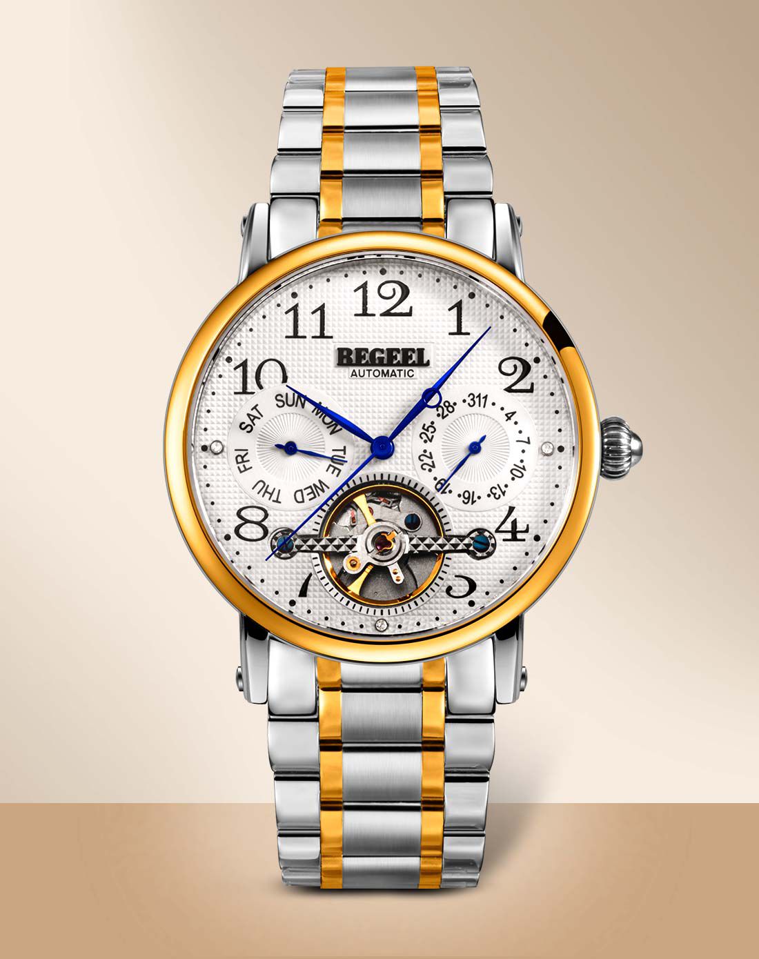 宾爵3颗真钻双日历显示全自动机械防水男表