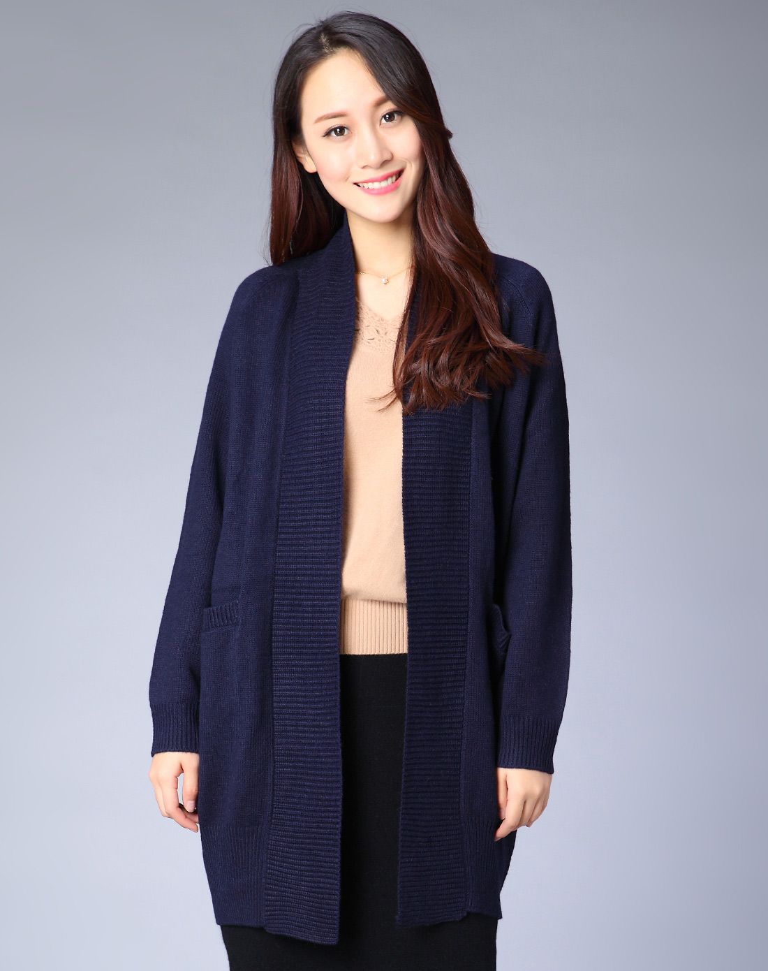 女款上青时尚休闲开襟长袖中长款针织衫