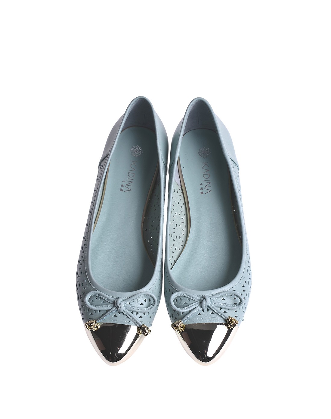 简约水兰色羊皮革低跟蝴蝶结浅口单鞋