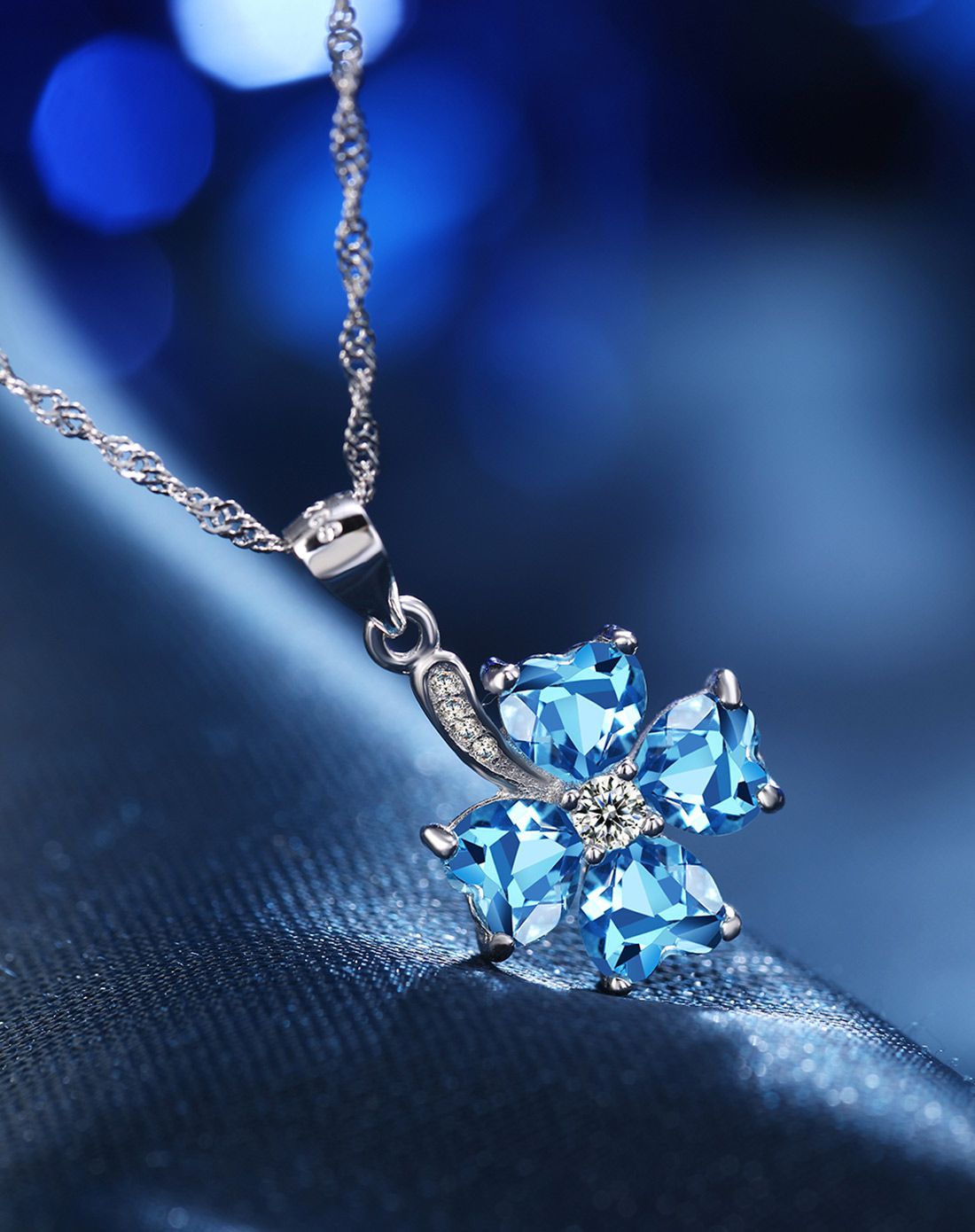 * 天然托帕石瑞士蓝925银项链 幸运四叶草(配证书)