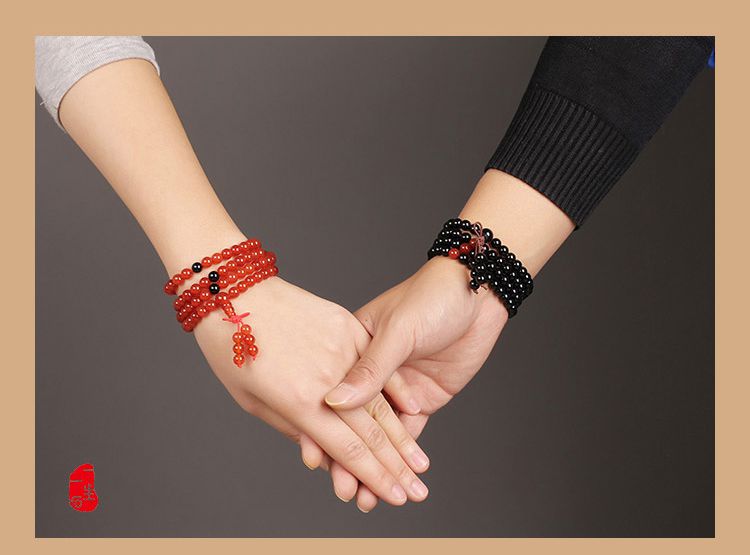 一生一石 福德双修天然红黑玛瑙佛珠手链情侣对