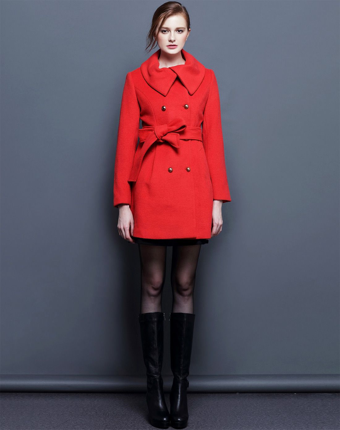 海棠红优雅羊毛毛呢大衣