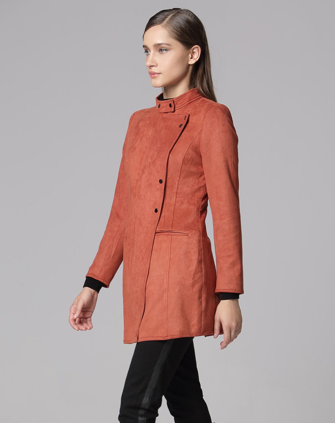 橙红色气质优雅中长款长袖风衣