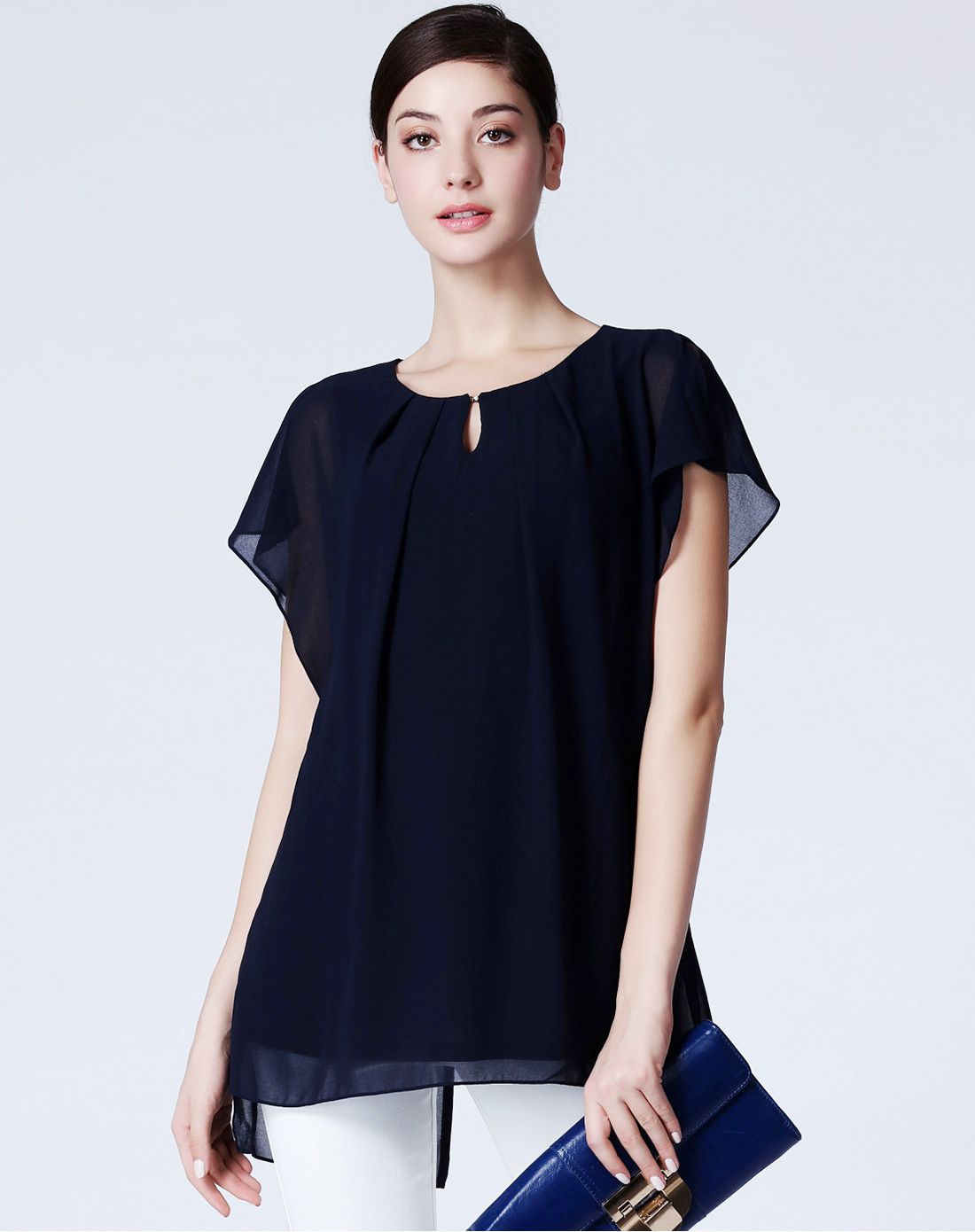 水墨蓝精致柔美荷叶袖衬衫