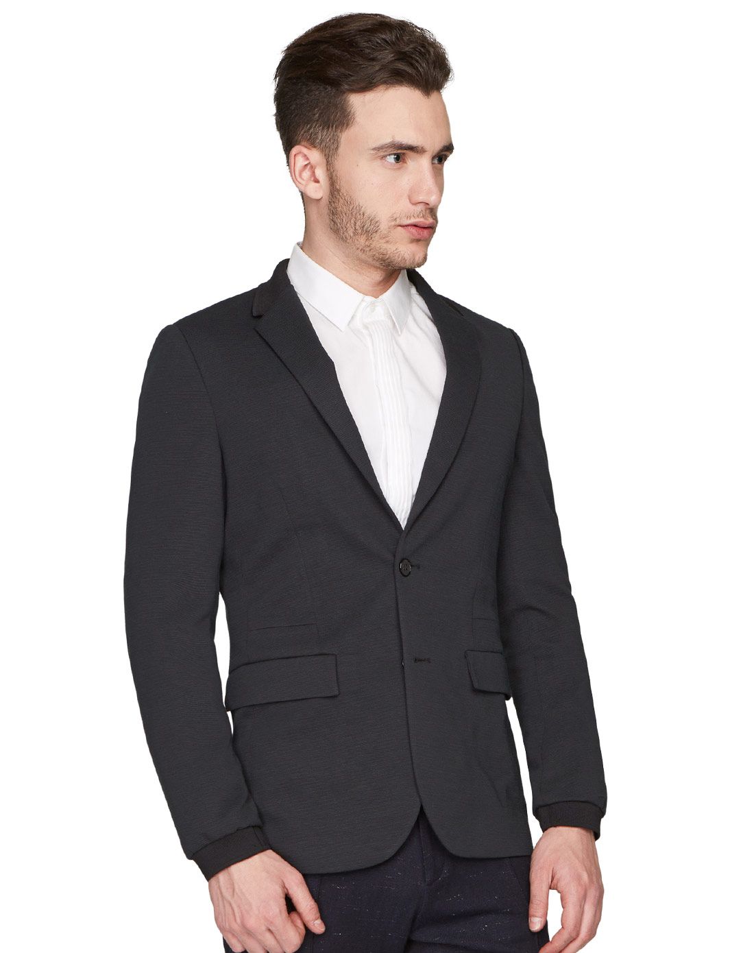 深蓝黑时尚气质翻领修身纯色西服