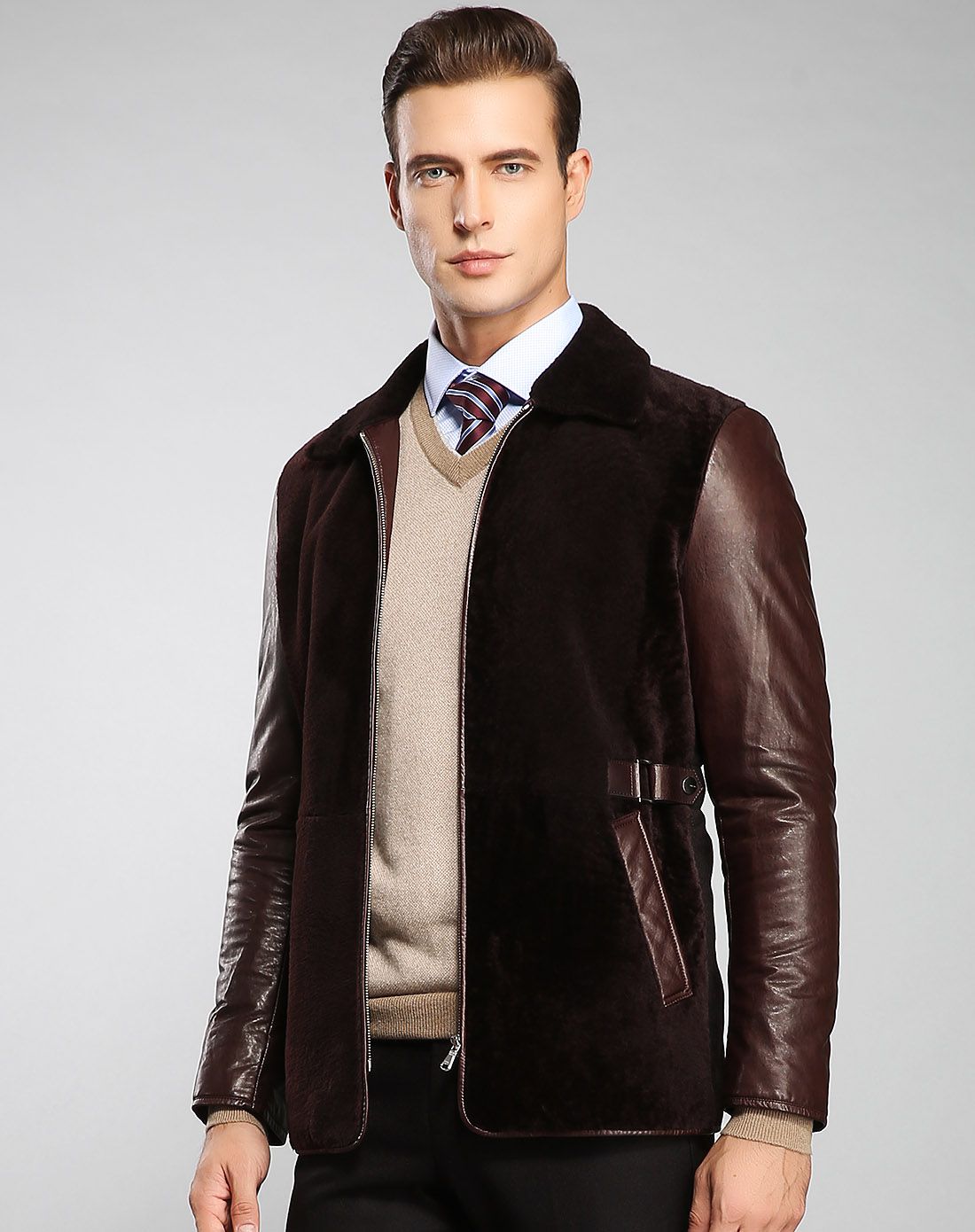 迪赛deicae男装专场 羊毛皮革面料翻领收腰拉链款皮衣