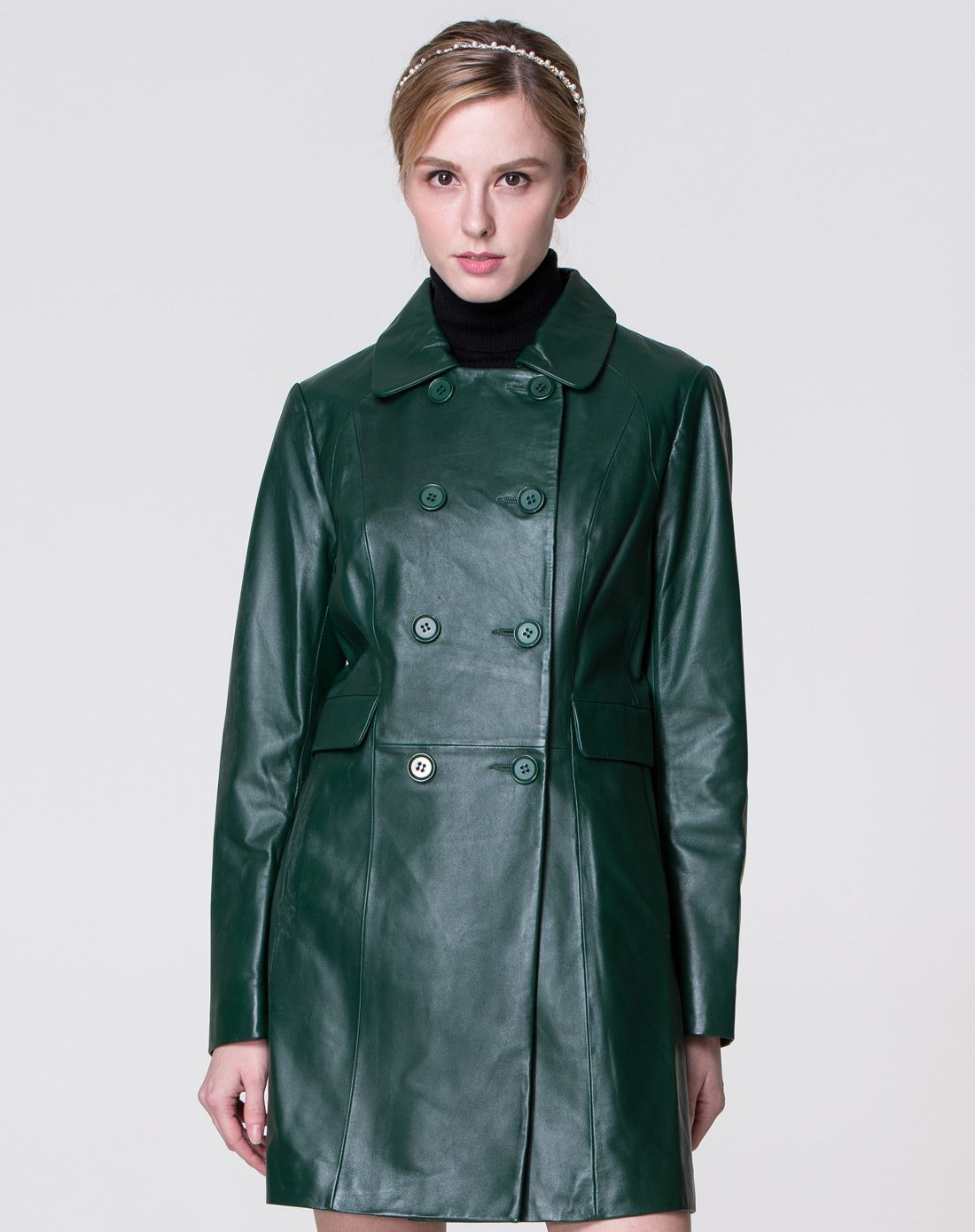 女款墨绿色甜美淑女长袖绵羊皮大衣