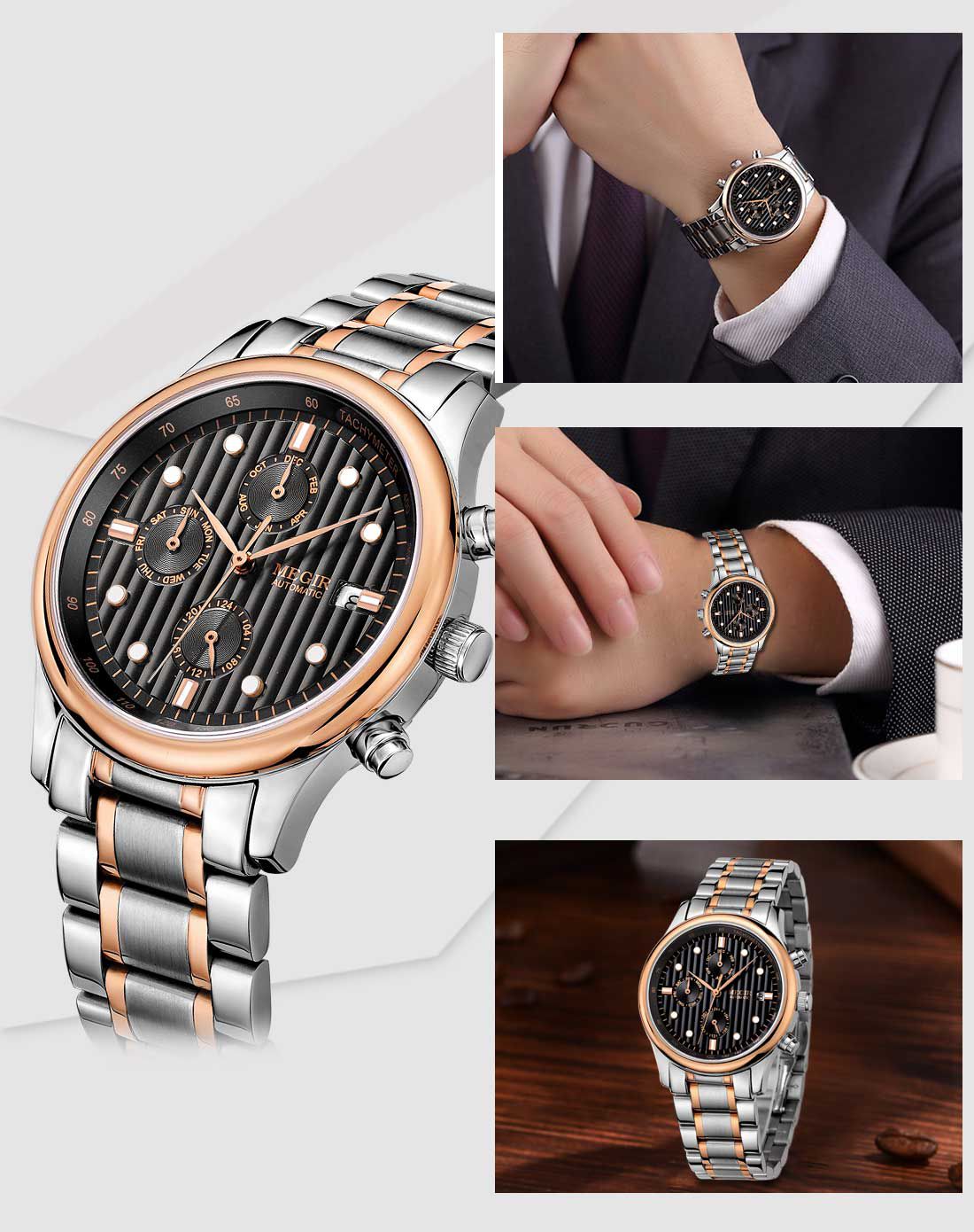 美格尔megir手表专场 美格尔 蓝宝石多功能日历男士钢带机械表