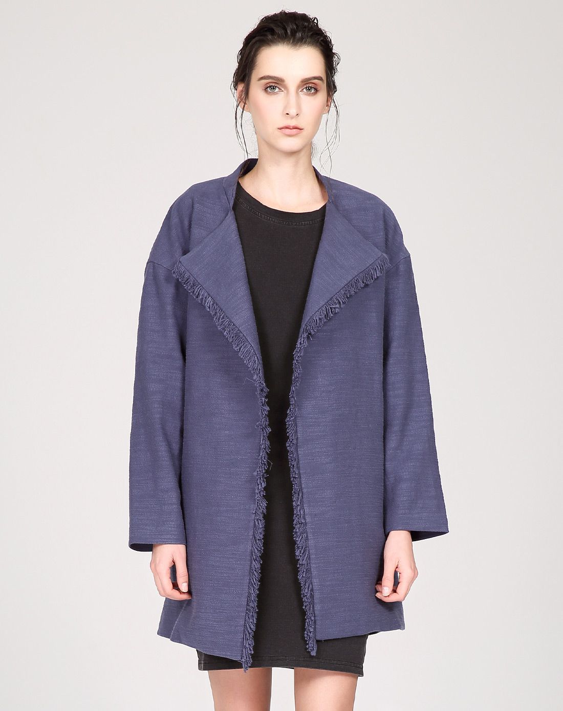 宝石蓝显瘦中长款翻领外套