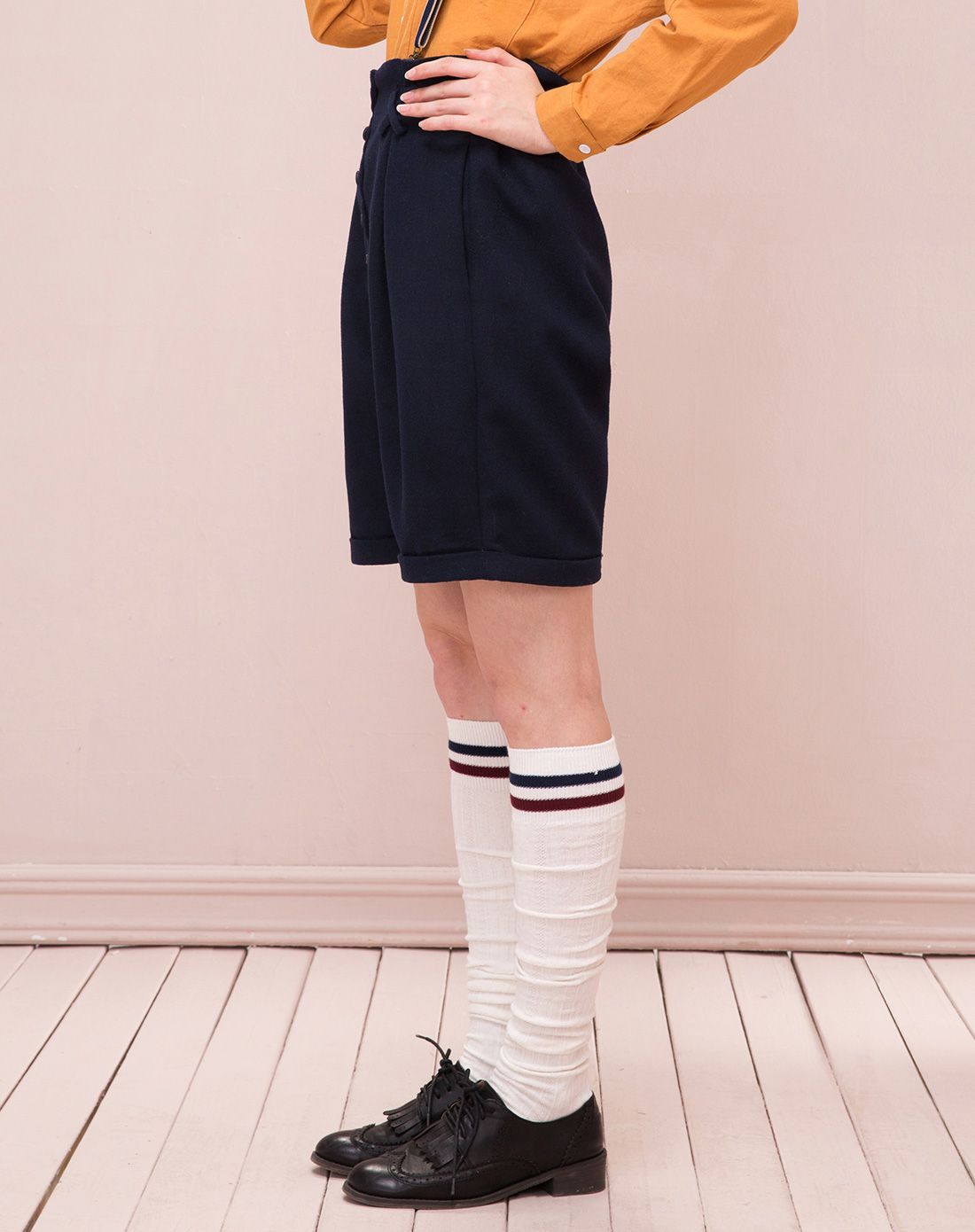 蓝色五分大裆毛呢宽松低裆裤