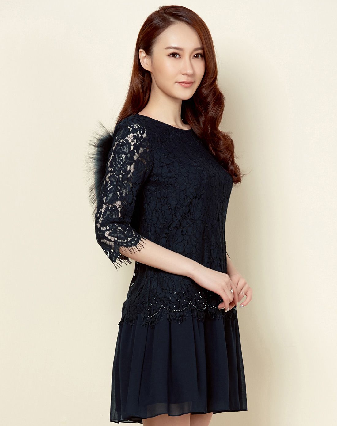 ozzo 时尚立体感蕾丝拼接薄纱连衣裙