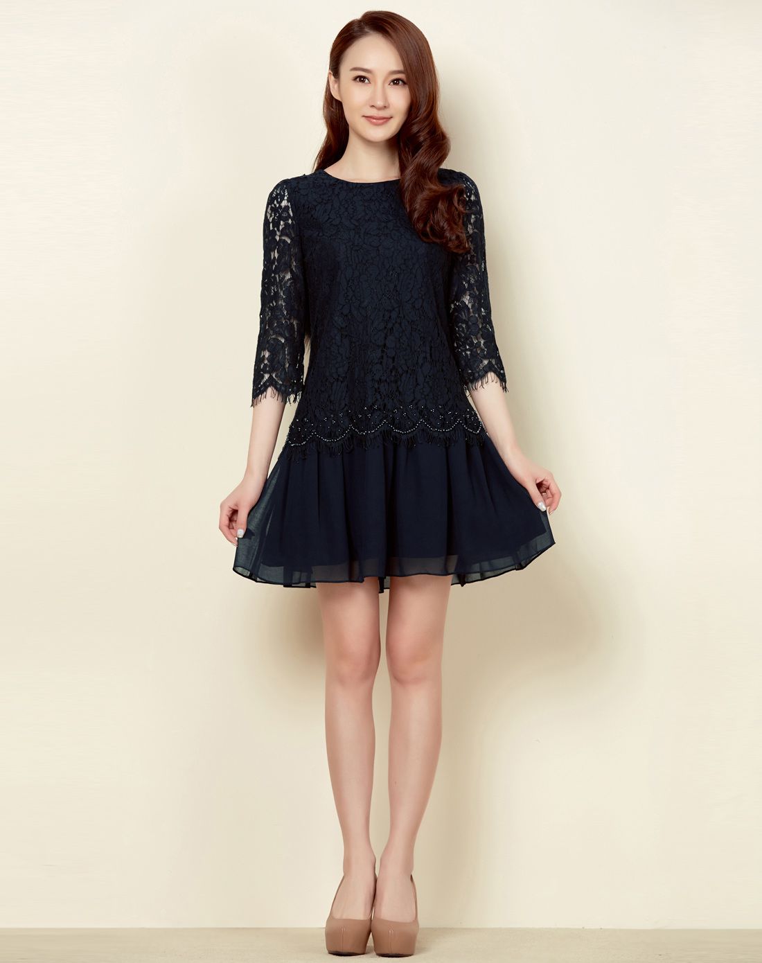 ozzo 时尚立体感蕾丝拼接薄纱连衣裙