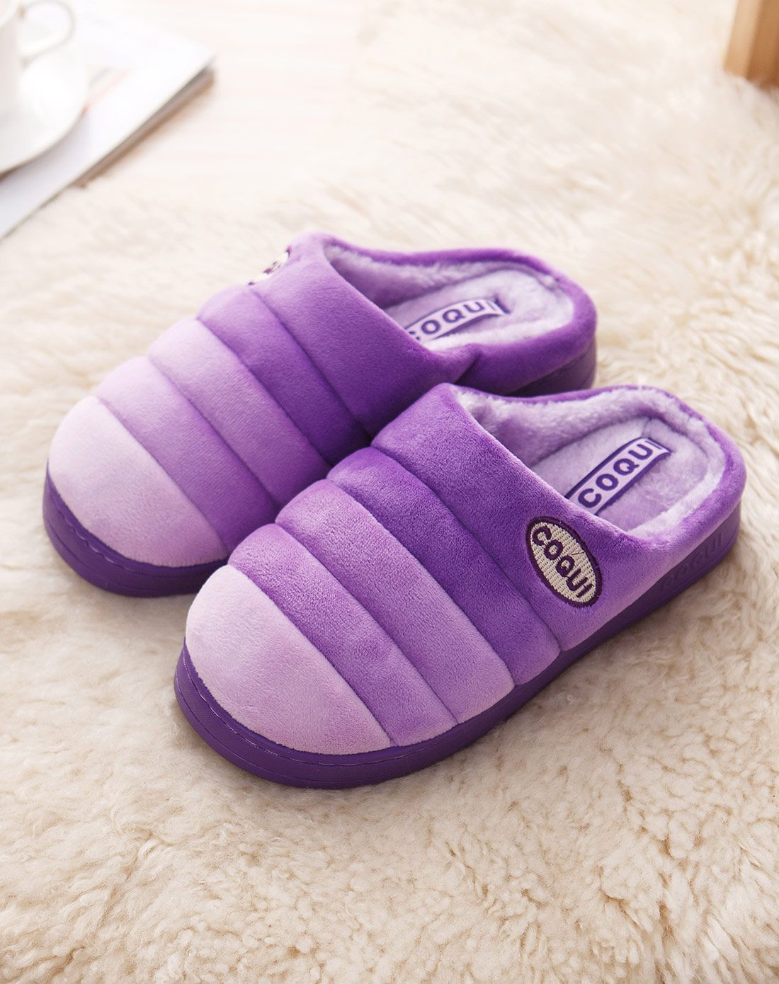 生活—水木娃娃家居用品专场酷趣女款彩条防滑居家棉拖鞋(紫色