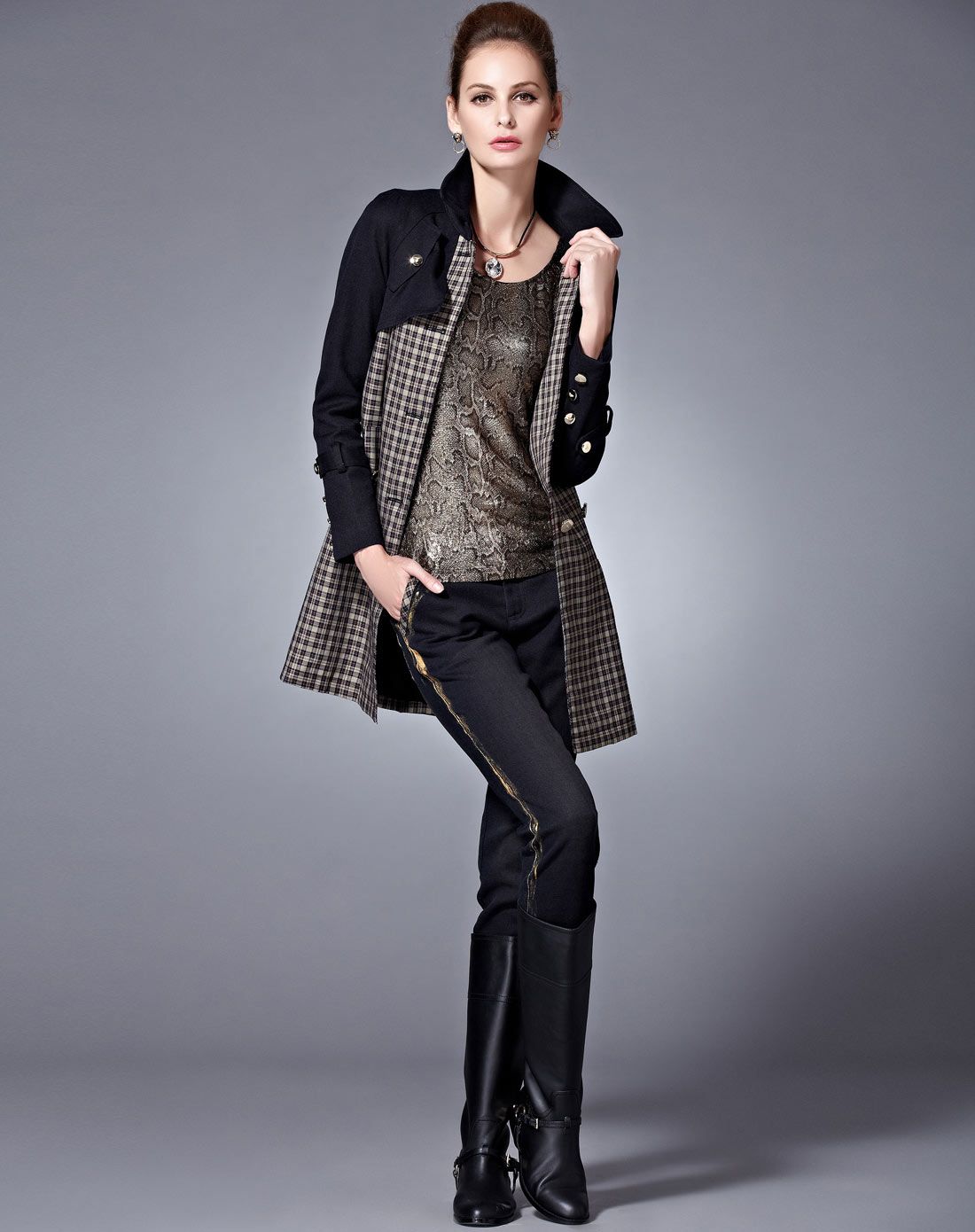 咖啡色欧美修身英伦单排扣风衣格子外套