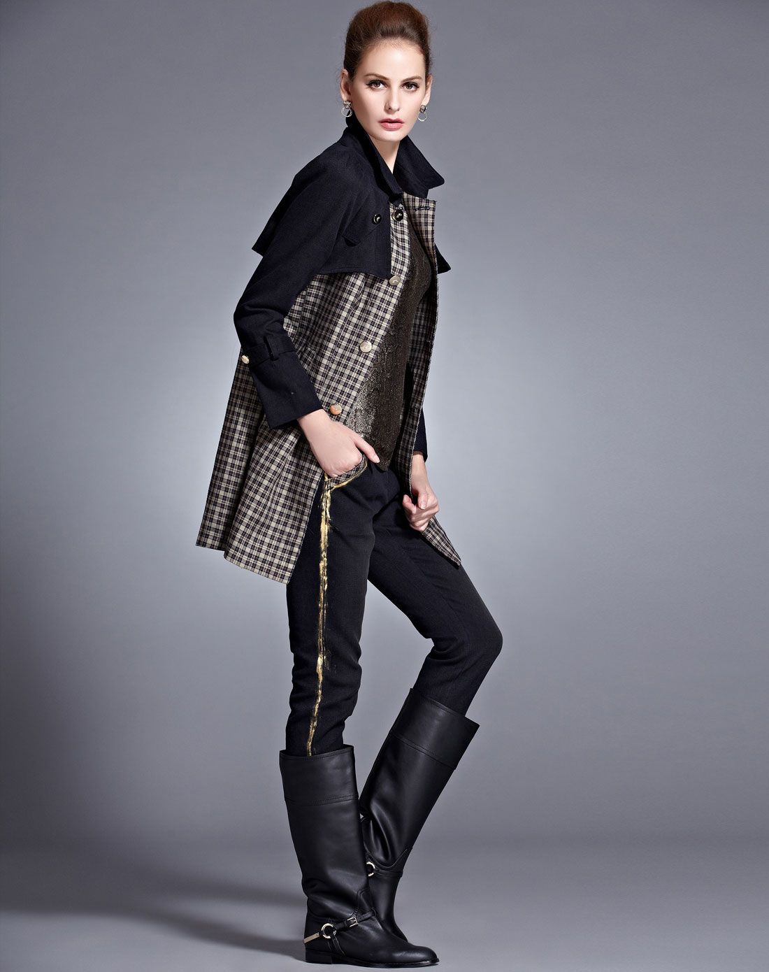 咖啡色欧美修身英伦单排扣风衣格子外套