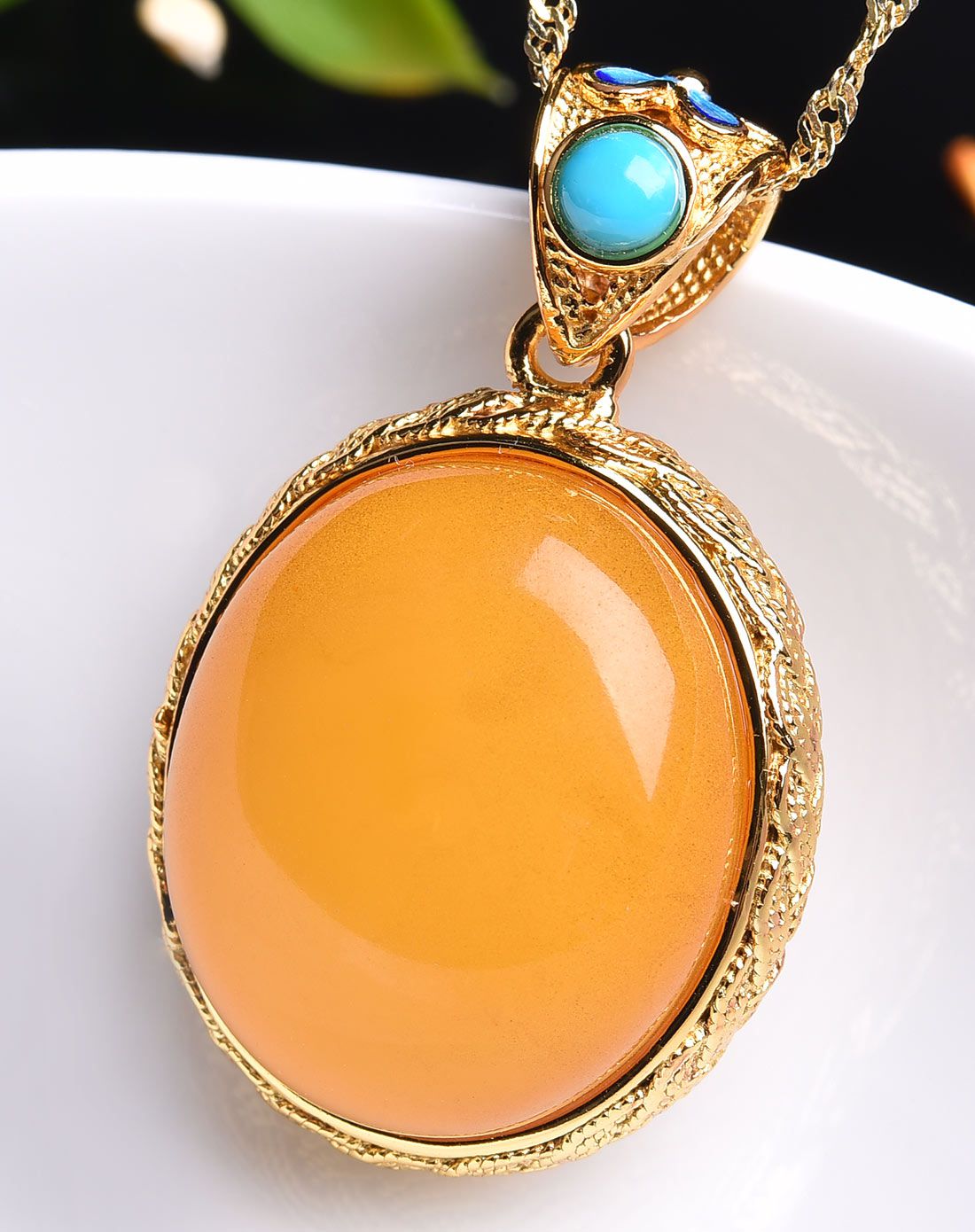 亿珍阁 925银镀金景泰蓝镶嵌琥珀蜜蜡蛋面吊坠 附证书