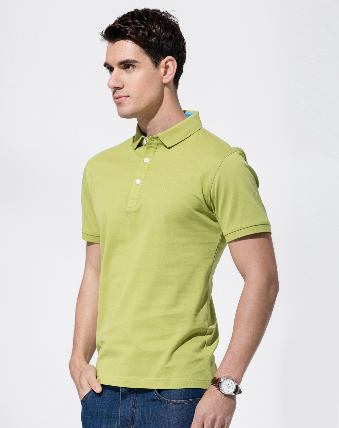 才子tries男装移动端专场(特惠)男装浅豆绿色丝光棉时尚休闲短袖t恤