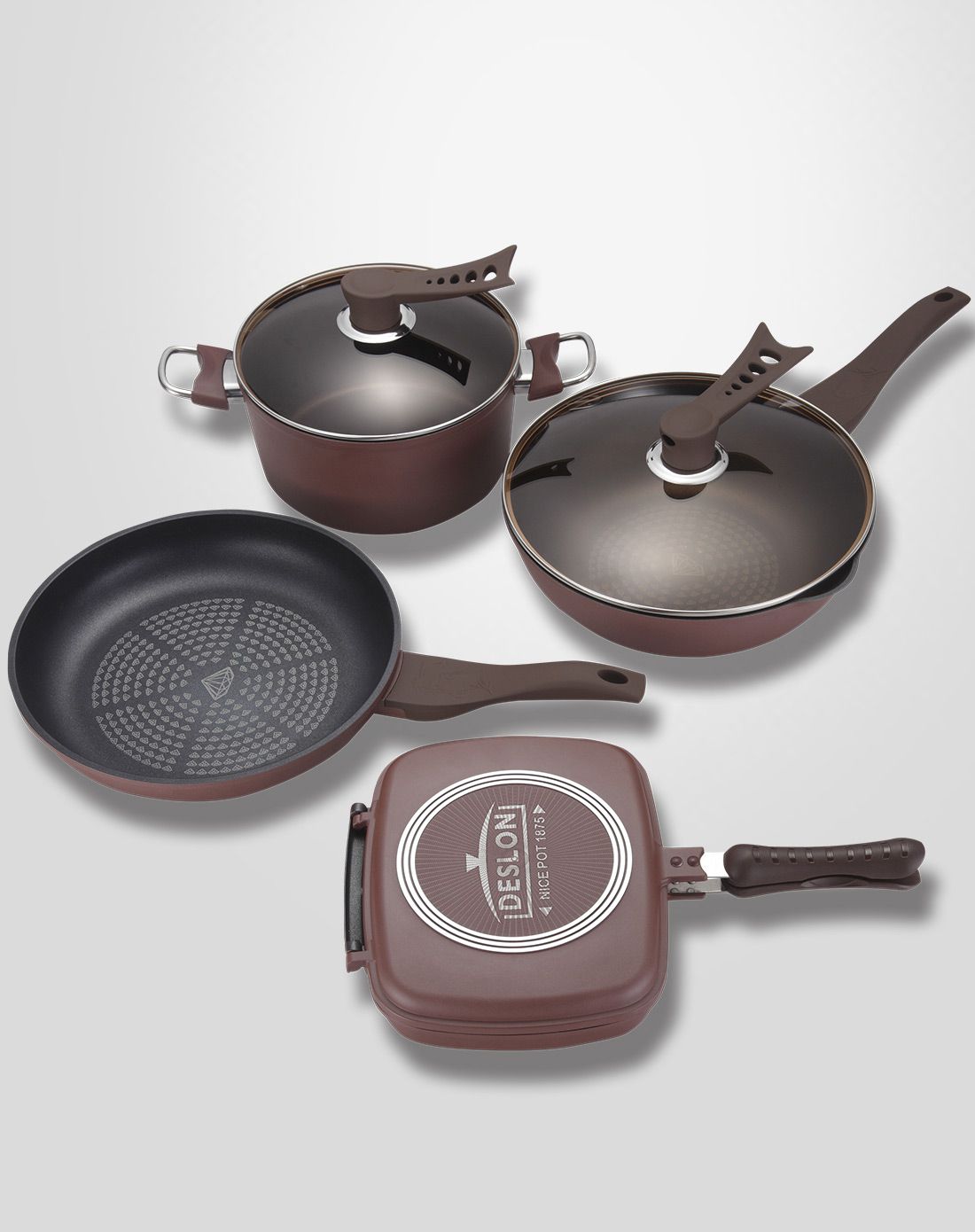 德世朗厨具 让家更有味道德世朗陶晶钻石套锅汤锅 炒锅 煎锅 煎烤锅四