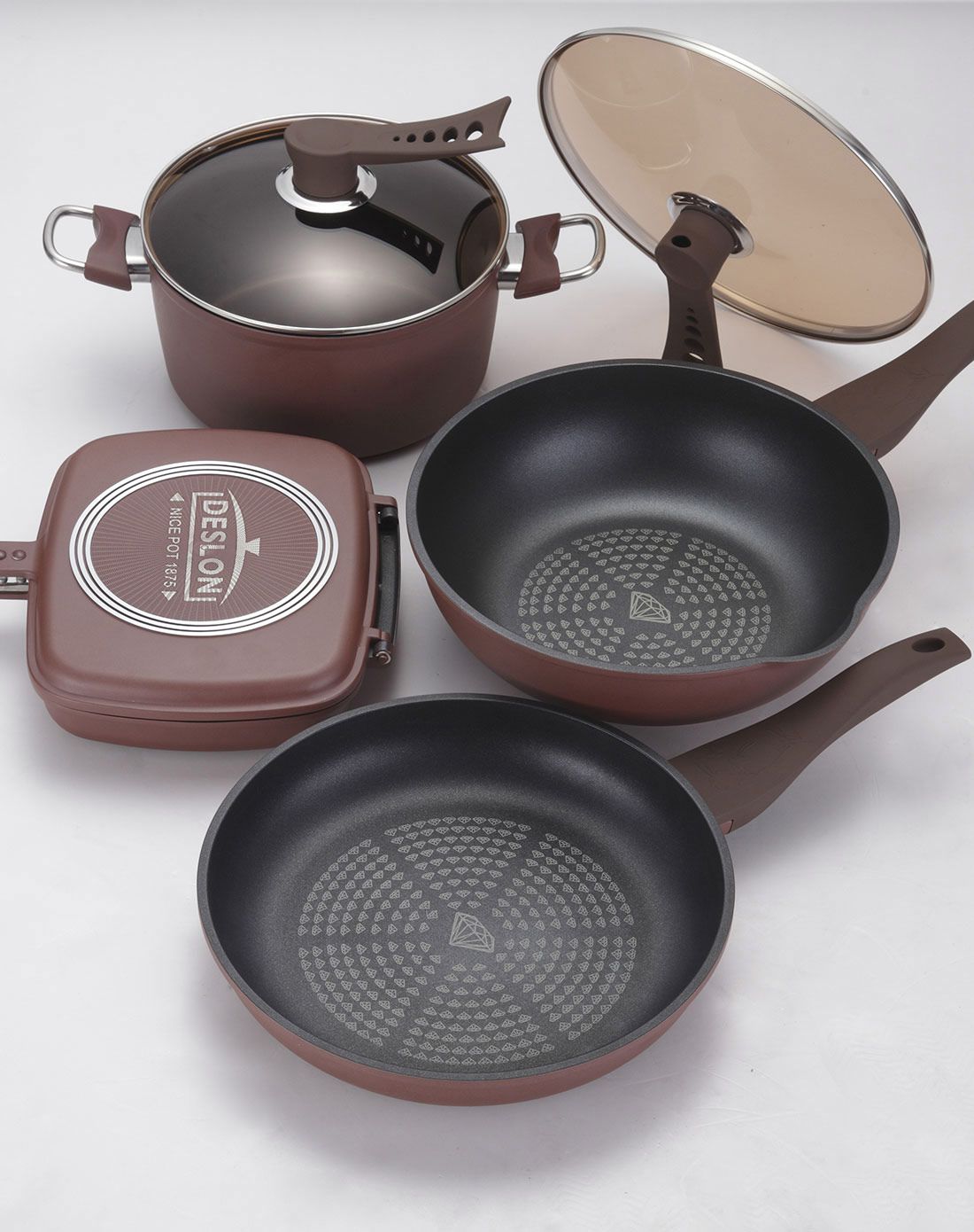 德世朗厨具 让家更有味道德世朗陶晶钻石套锅汤锅 炒锅 煎锅 煎烤锅四