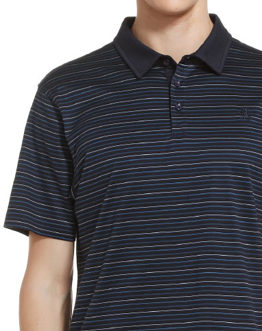 简约深宝蓝/暗青细横条短袖polo