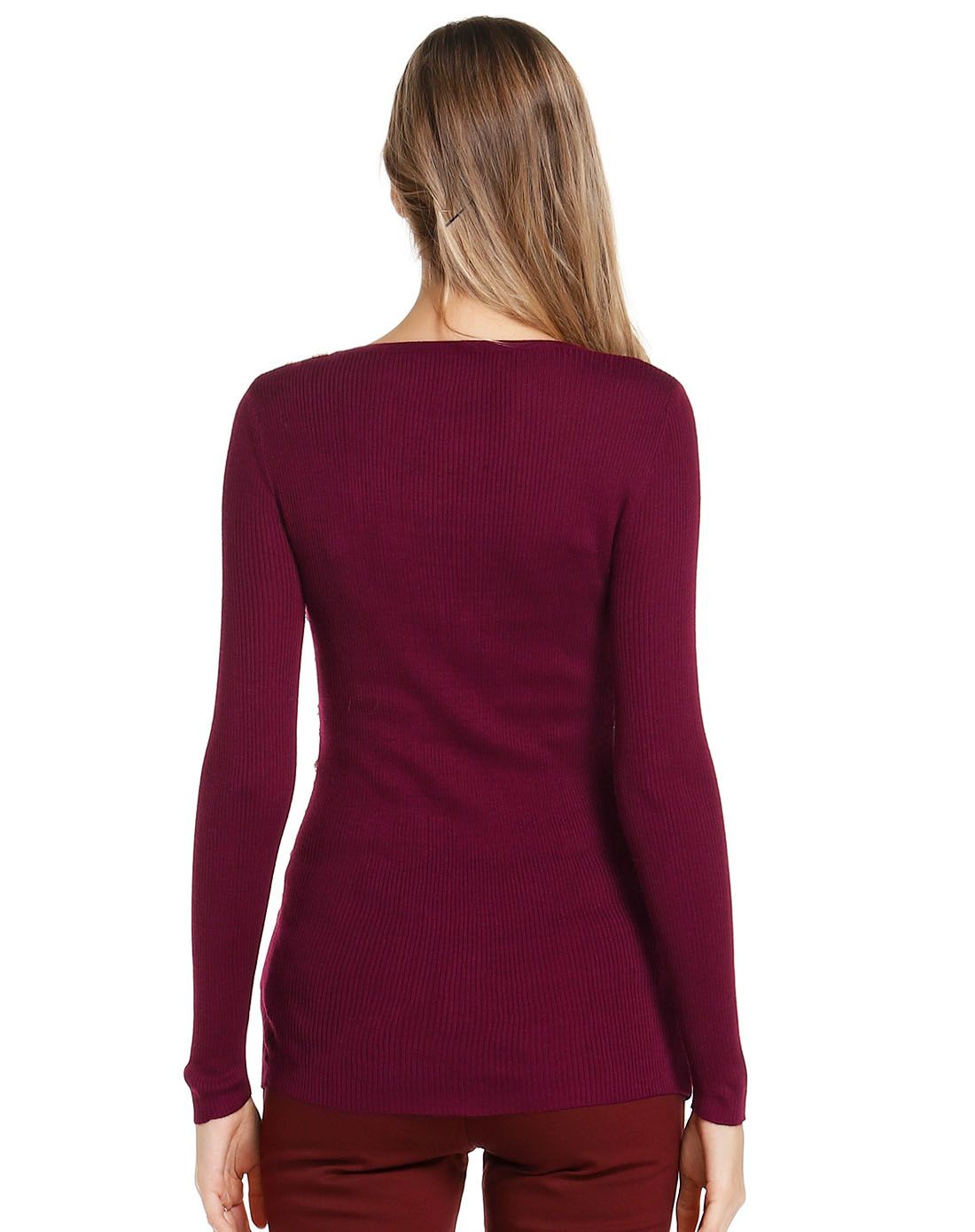 黑/酒红色波浪纹提花长袖针织衫