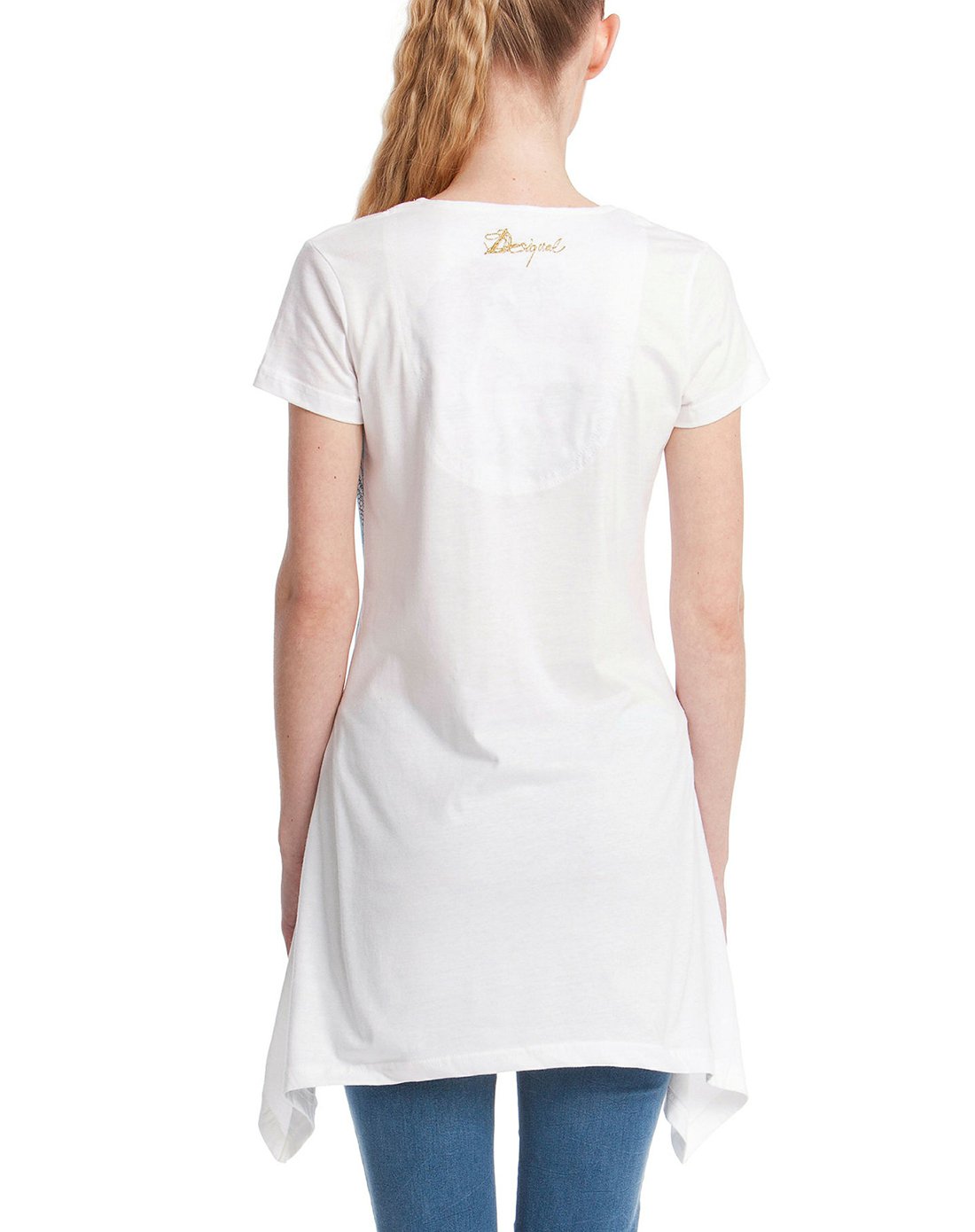 desigual女款白色花卉拼贴长款纯棉t恤