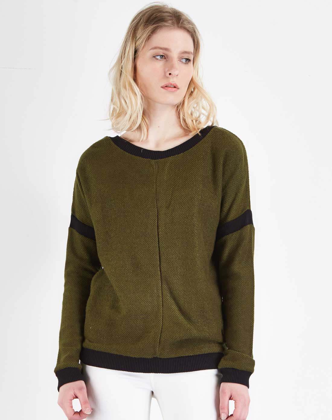 深咖绿色针织长袖恤