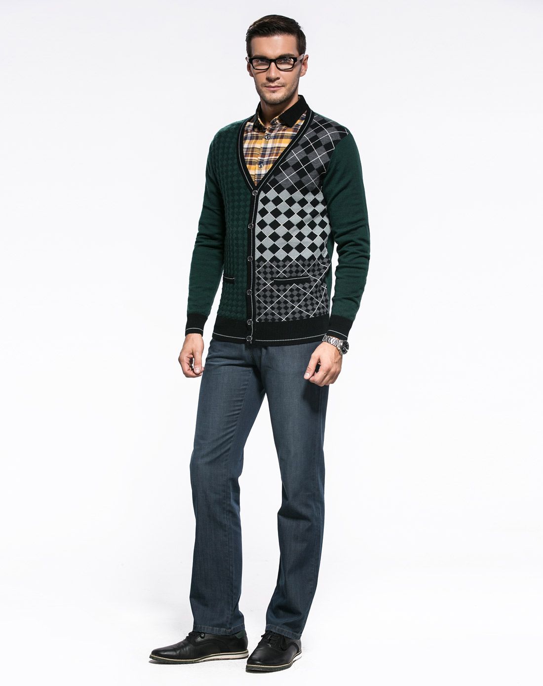 deon墨绿菱格纹时尚长袖羊毛外套dgj1136u36133_唯品会