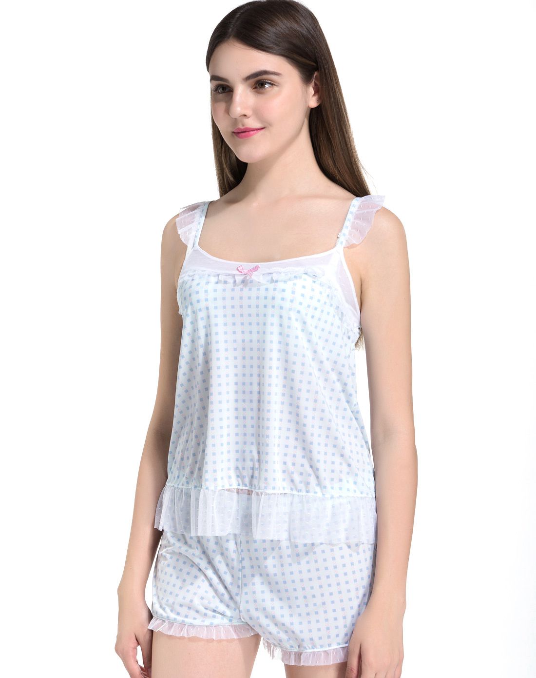 可娃衣内衣专场少女蓝色格子锦纶吊带套装wb92dud2_唯品会