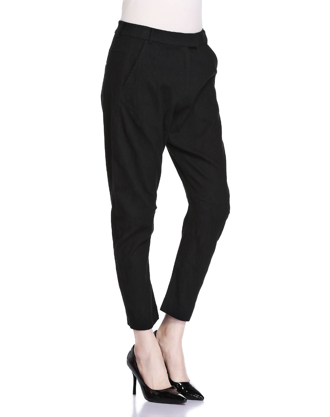 黑色斜插袋休闲裤子