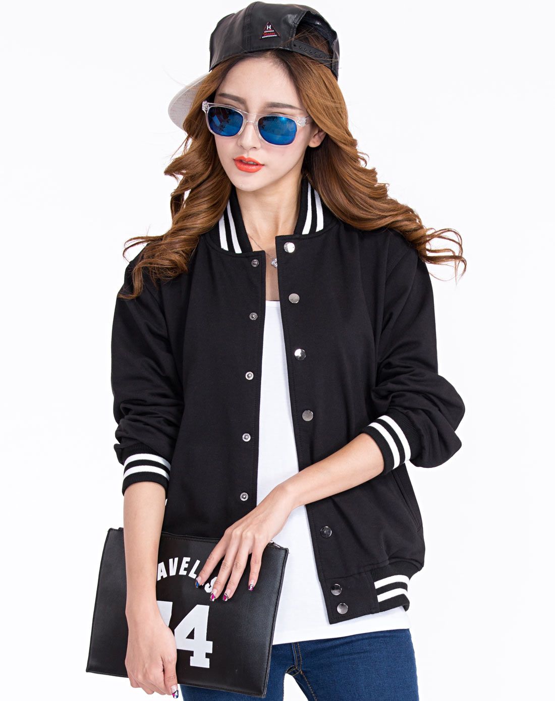 女款黑色棒球服上衣 潮流百搭