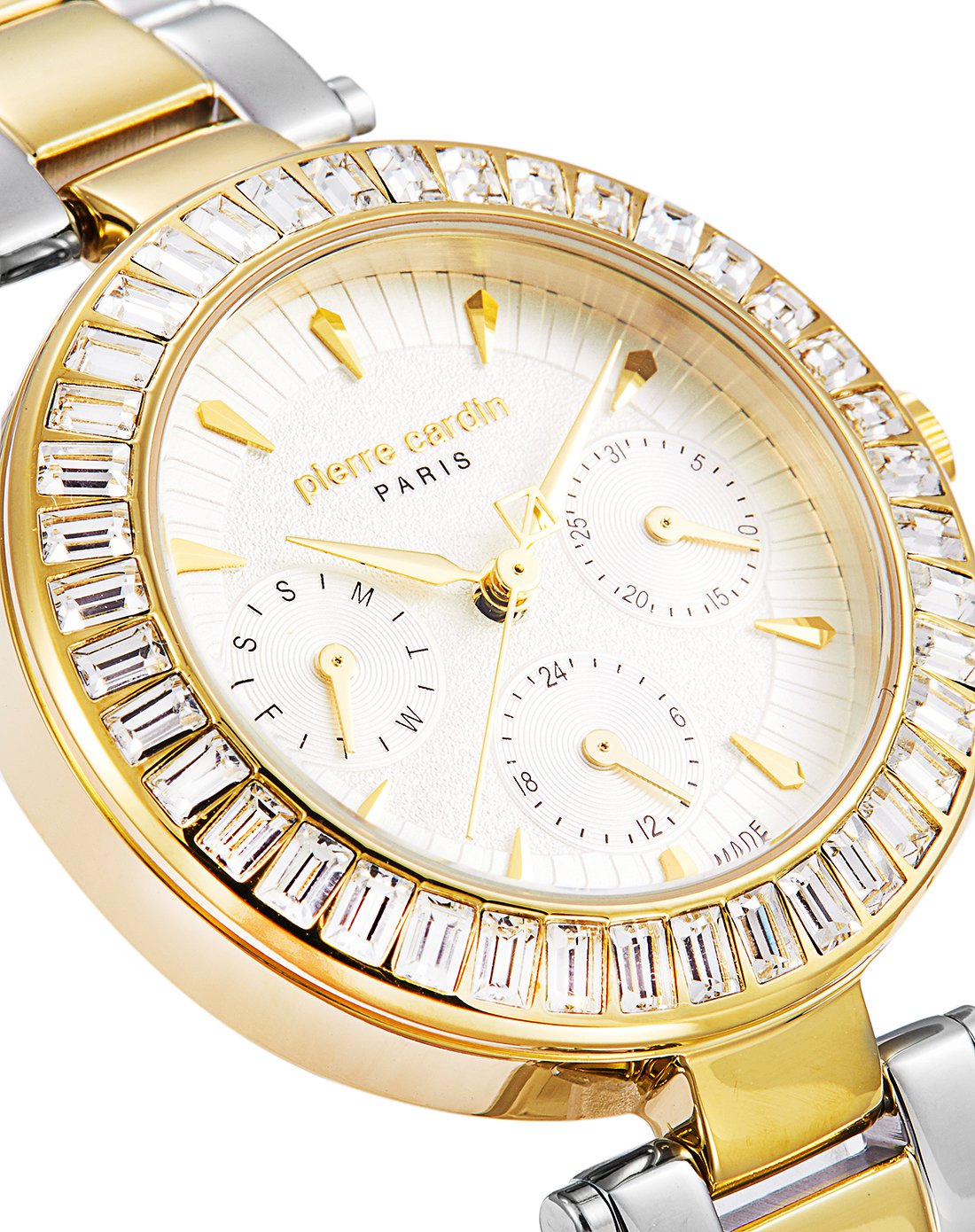 pierre cardin巴黎系列女款时尚水晶多功能钢带瑞士石英腕表
