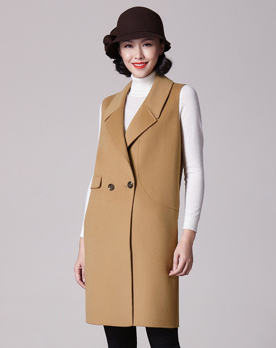 十月传奇卡其色双排扣双面呢马甲ssd60504590_唯品会