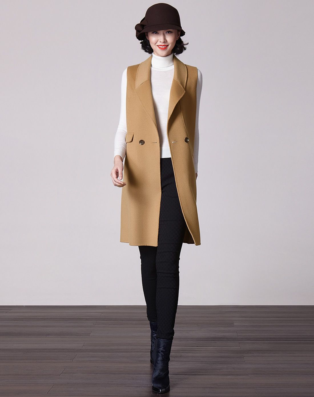 十月传奇卡其色双排扣双面呢马甲ssd60504590_唯品会