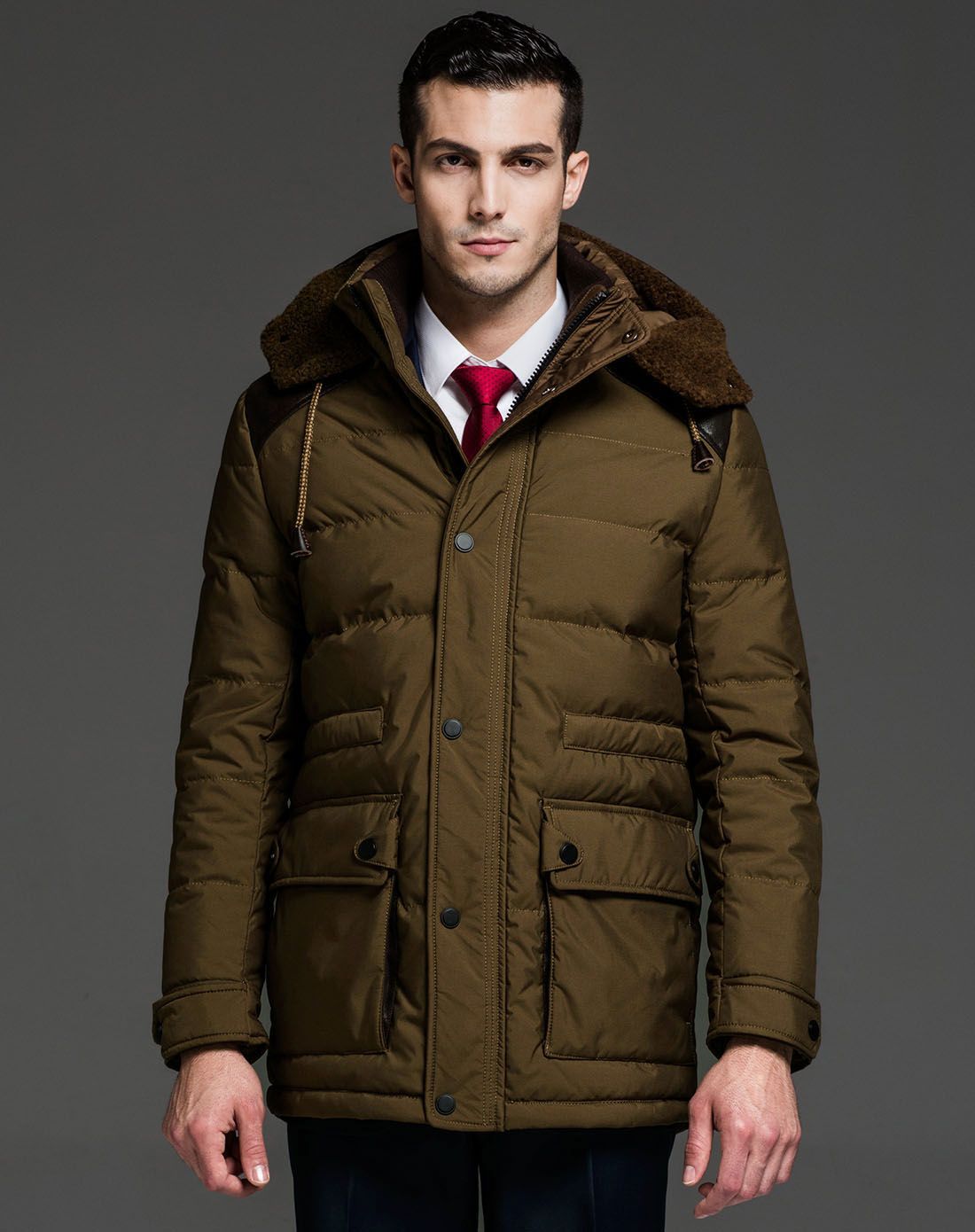 男款黄棕色都市户外休闲长款羽绒服