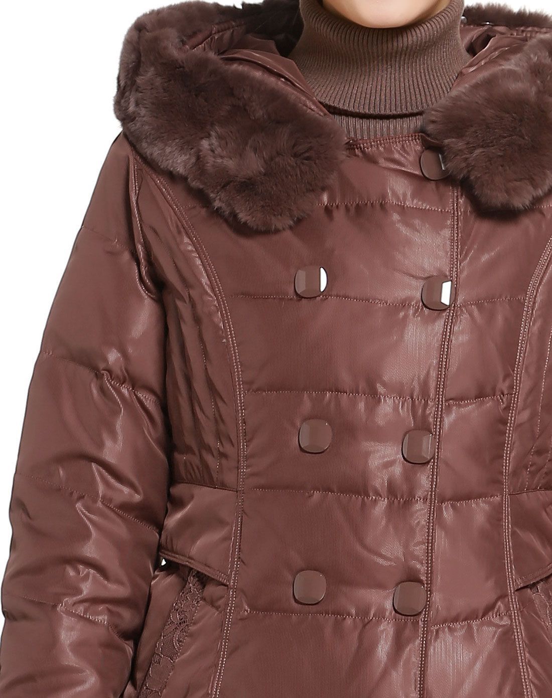 深藕色连帽修身羽绒服