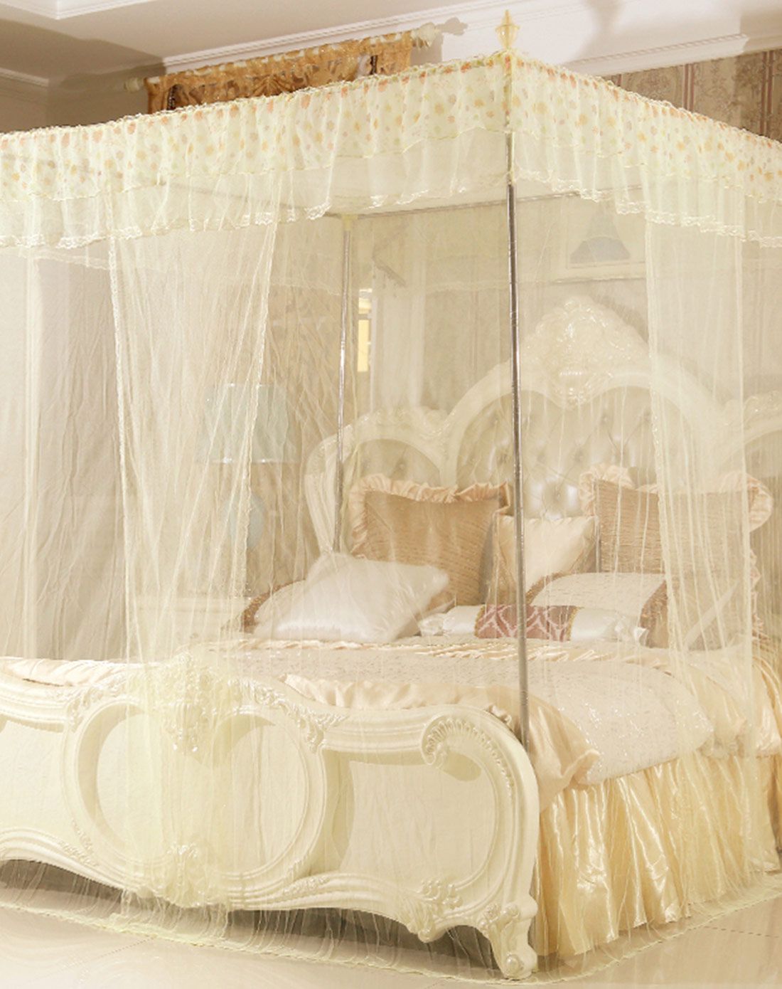 三开门欧式精美蕾丝花方顶宫廷落地蚊帐米黄 22mm加粗 1.8米床