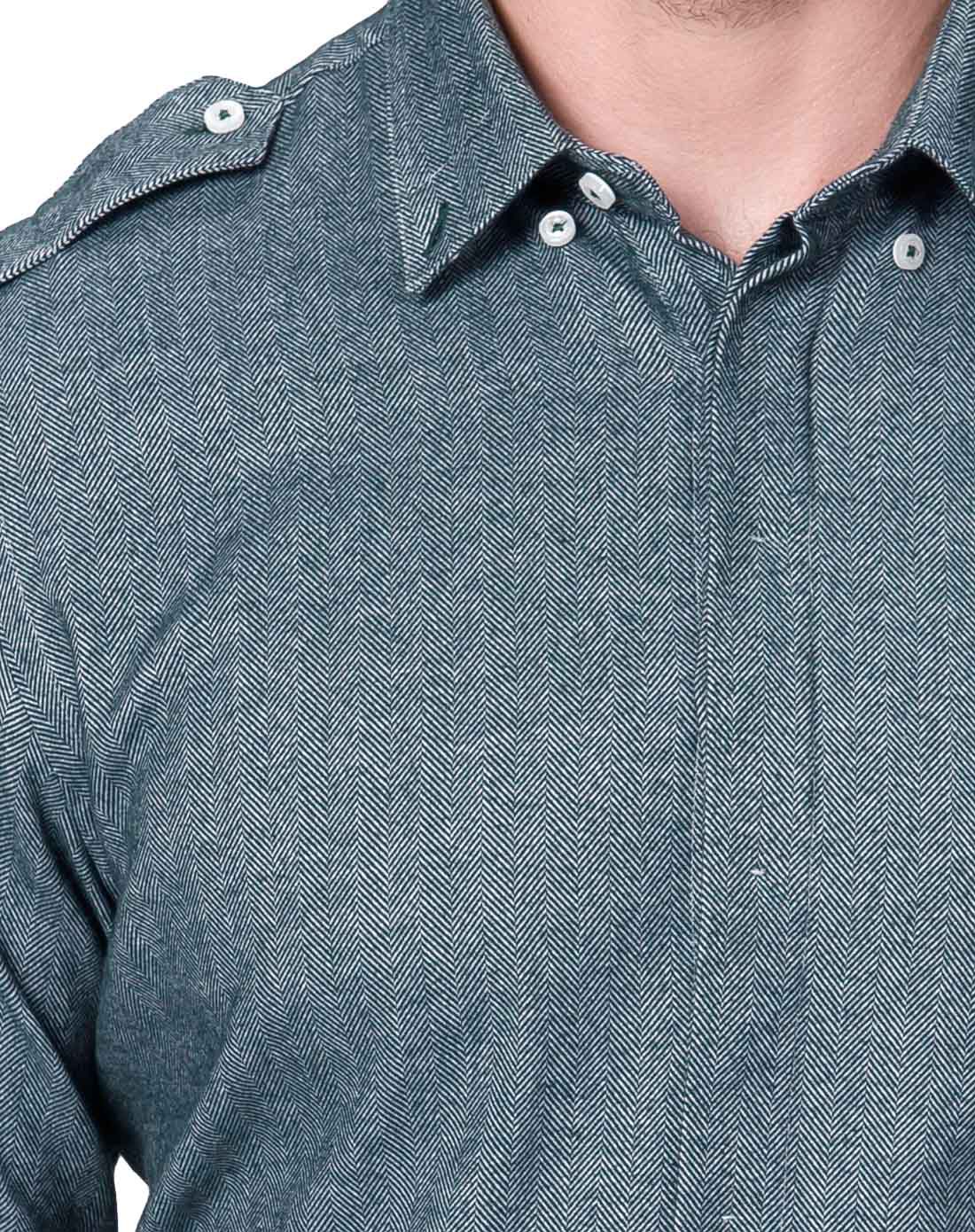 深绿纯棉方领帅气长袖衬衫