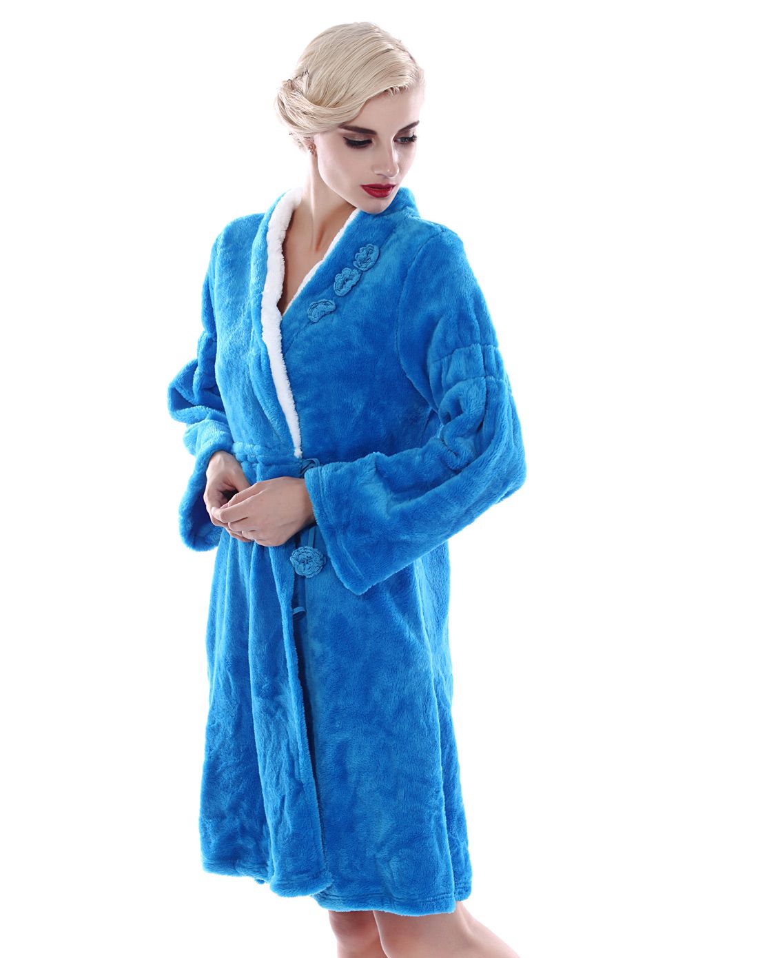 蓝色冬日艺术法兰绒长袍系带家居服睡袍