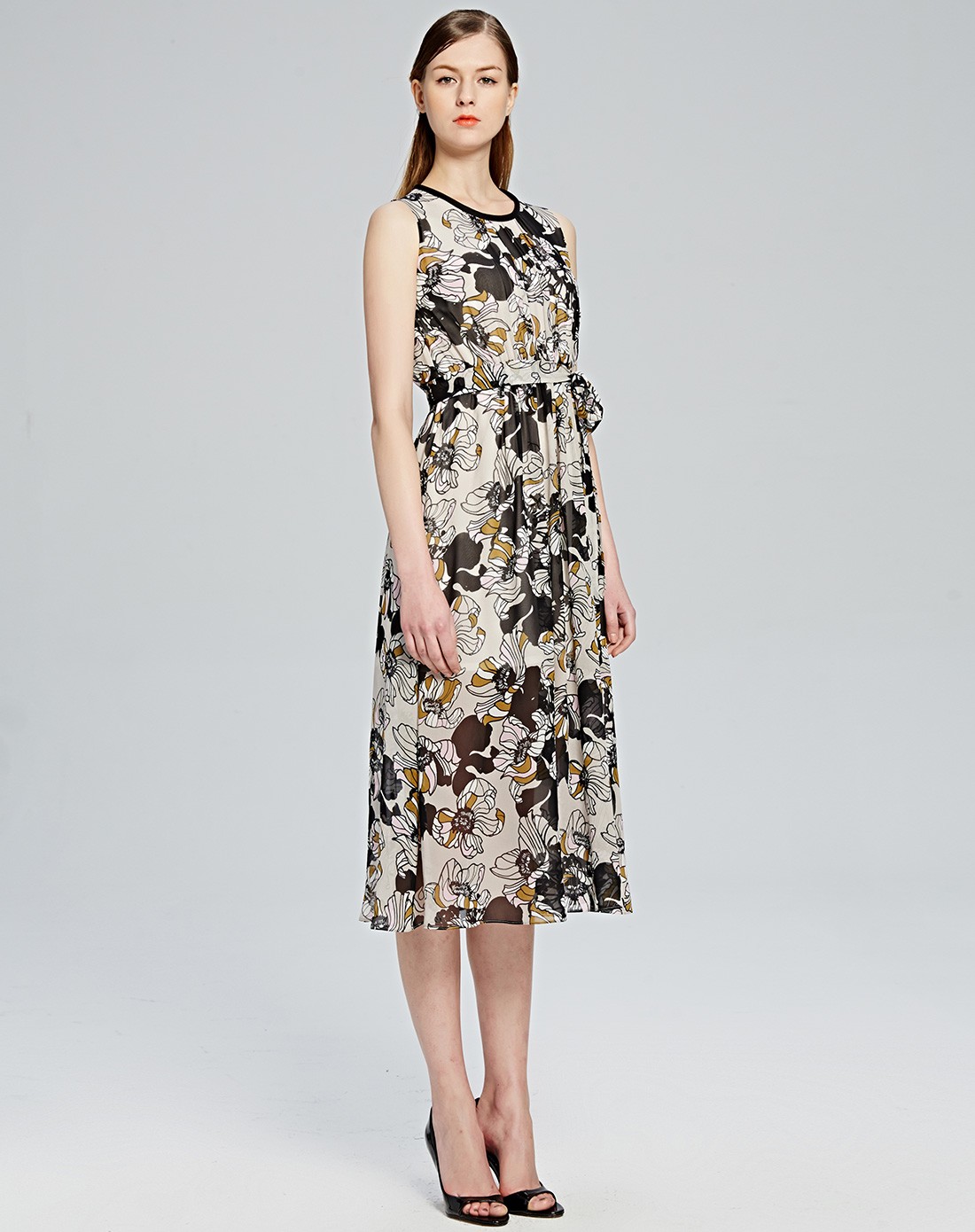 丝纷sifone女装真丝专场米色印花飘逸真丝乔其连衣裙f52410036155747