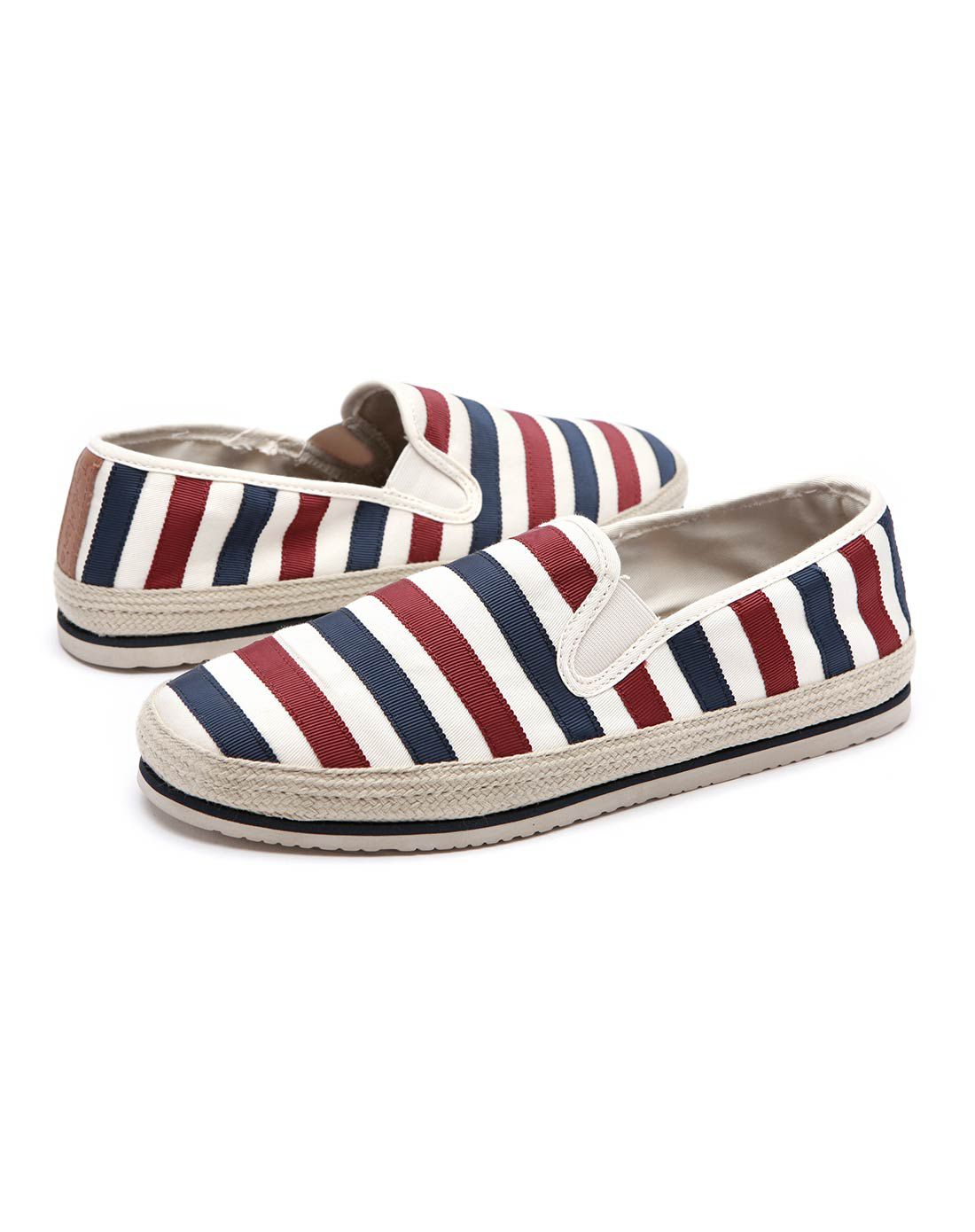条纹帆布平底麻底男休闲鞋米白色