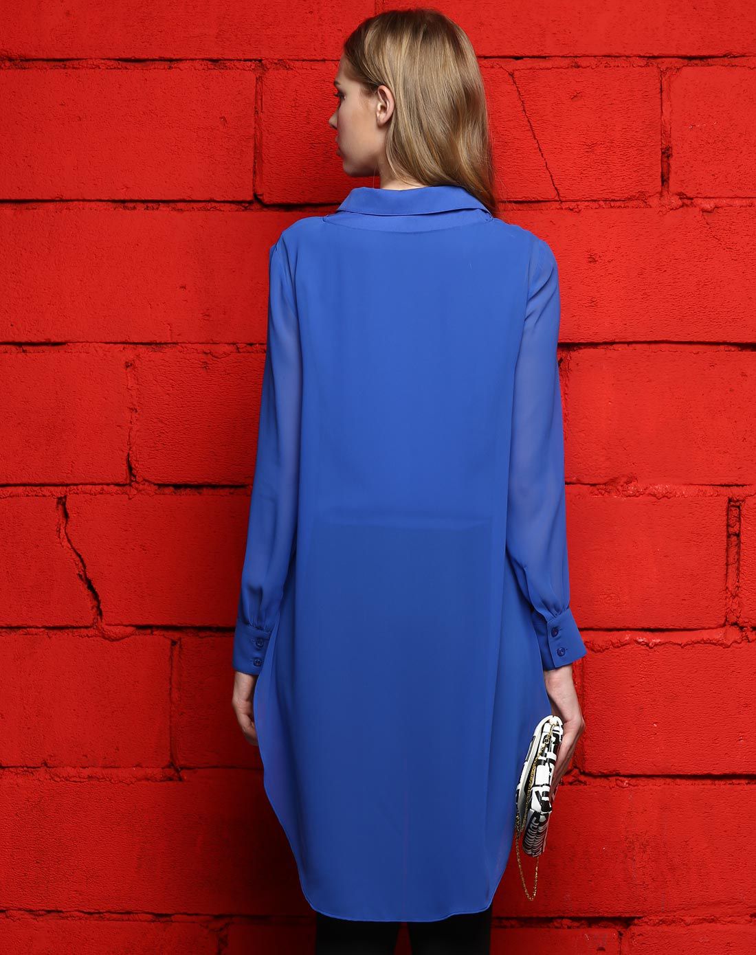 女款彩蓝色前短后长个性长袖雪纺衬衫